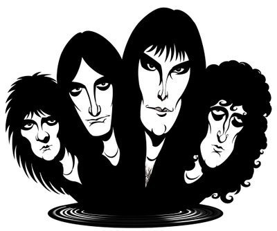 British rock band Queen; caricatured from left to right: Roger Taylor by Neale Osborne